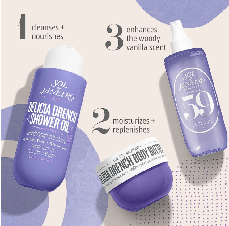 ✿ Sol de Janeiro – Set Delícia Drench Cheirosa 59 (Shower Oil + Body Butter + Perfume Mist) | Floral, Amaderado y Vainilla